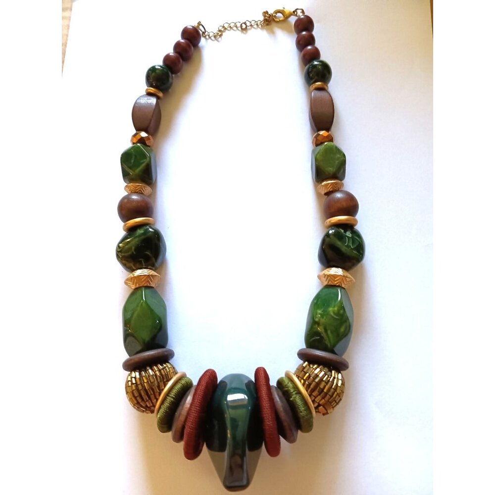Handcrafted Chunky Beaded Necklace With Green Resin & Gold Accents Adjustable Le